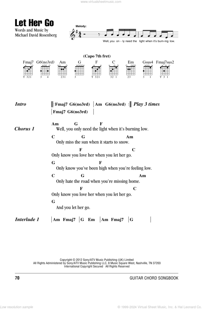 Let Her Go sheet music for guitar (chords) by Passenger and Michael David Rosenberg, intermediate skill level