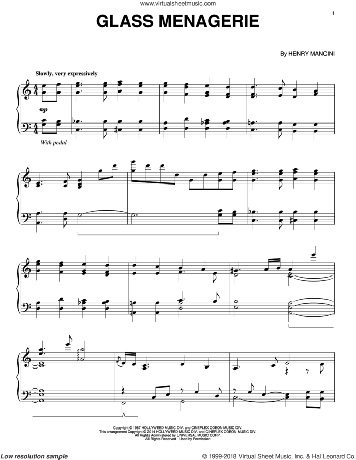 Glass Menagerie sheet music for piano solo by Henry Mancini, intermediate skill level