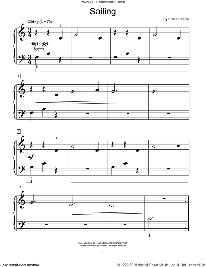 Sailing sheet music for piano solo (elementary) by Elvina Pearce, classical score, beginner piano (elementary)