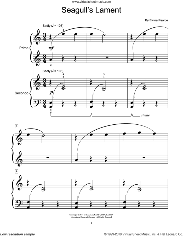 Seagull's Lament sheet music for piano four hands by Elvina Pearce, classical score, intermediate skill level