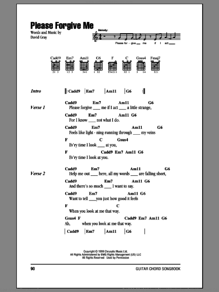 Please Forgive Me sheet music for guitar (chords) by David Gray, intermediate skill level