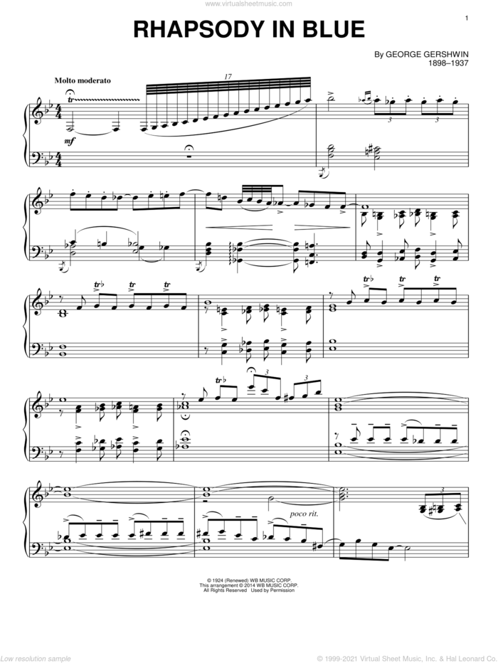 Rhapsody In Blue (Themes) sheet music for piano solo by George Gershwin, classical score, intermediate skill level