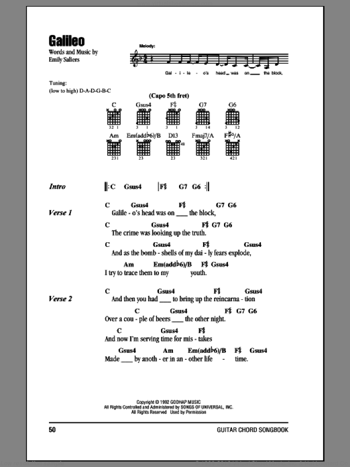 Galileo sheet music for guitar (chords) by Indigo Girls and Emily Saliers, intermediate skill level
