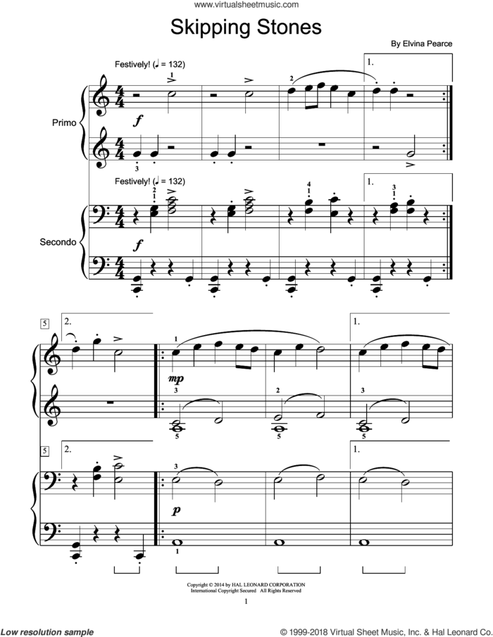 Skipping Stones sheet music for piano four hands by Elvina Pearce, classical score, intermediate skill level