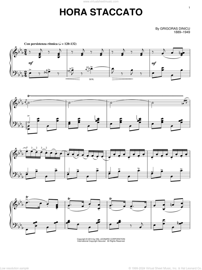 Hora Staccato sheet music for piano solo by Grigoras Dinicu, classical score, intermediate skill level