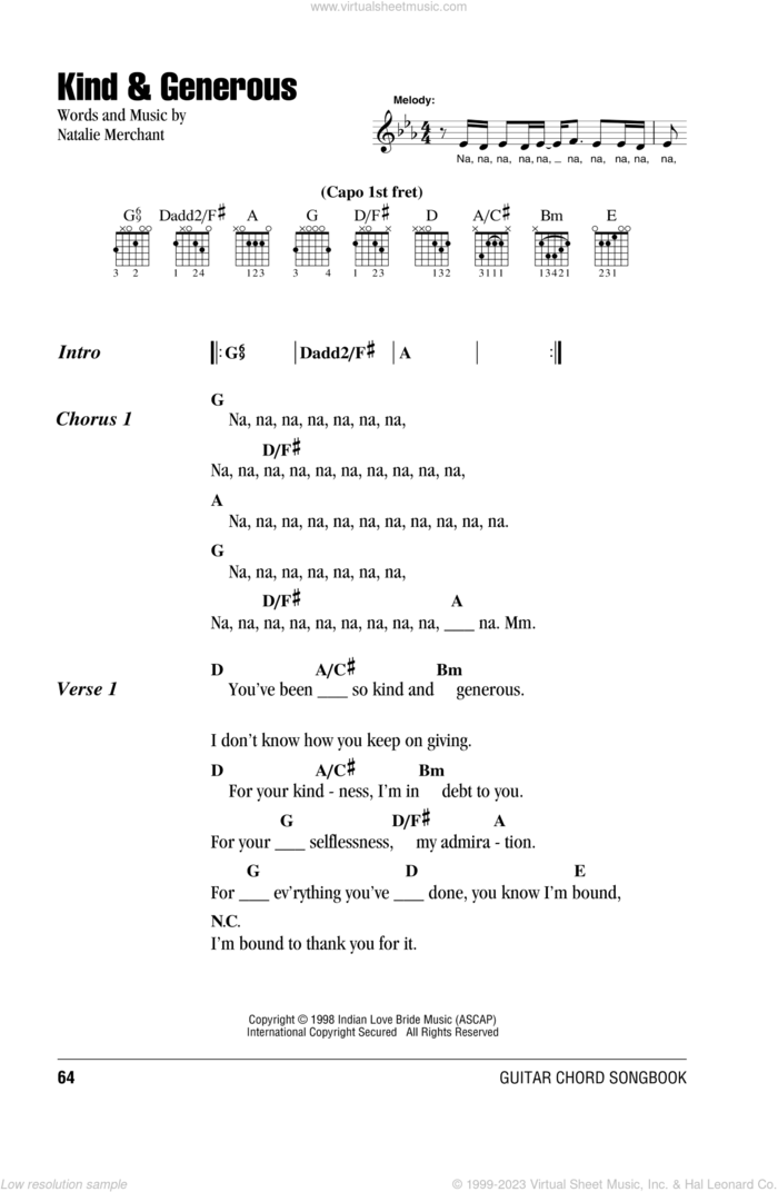 Kind and Generous sheet music for guitar (chords) by Natalie Merchant, intermediate skill level