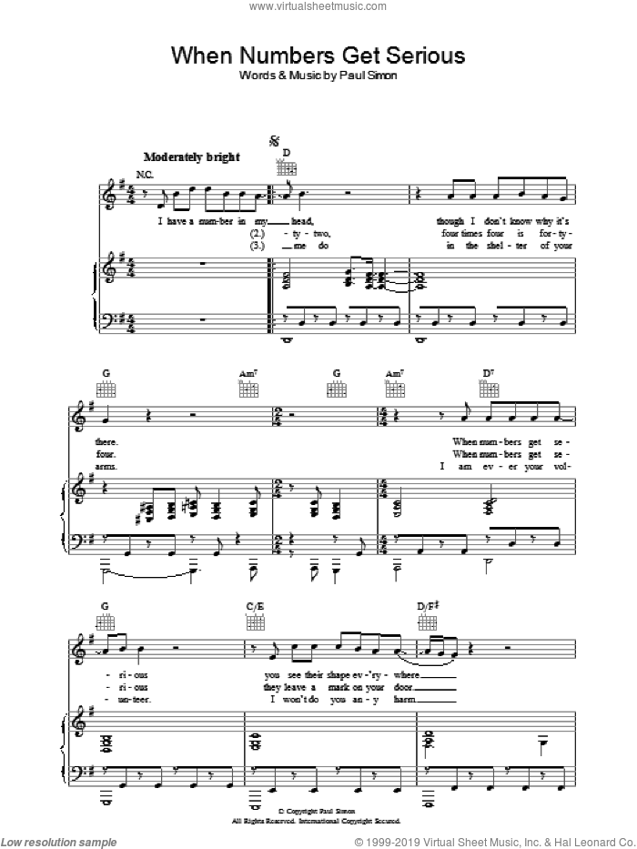 When Numbers Get Serious sheet music for voice, piano or guitar by Paul Simon, intermediate skill level