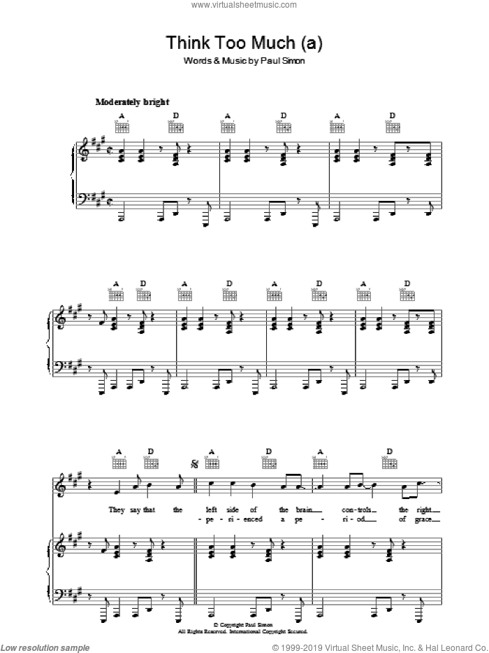 Think Too Much (a) sheet music for voice, piano or guitar by Paul Simon, intermediate skill level