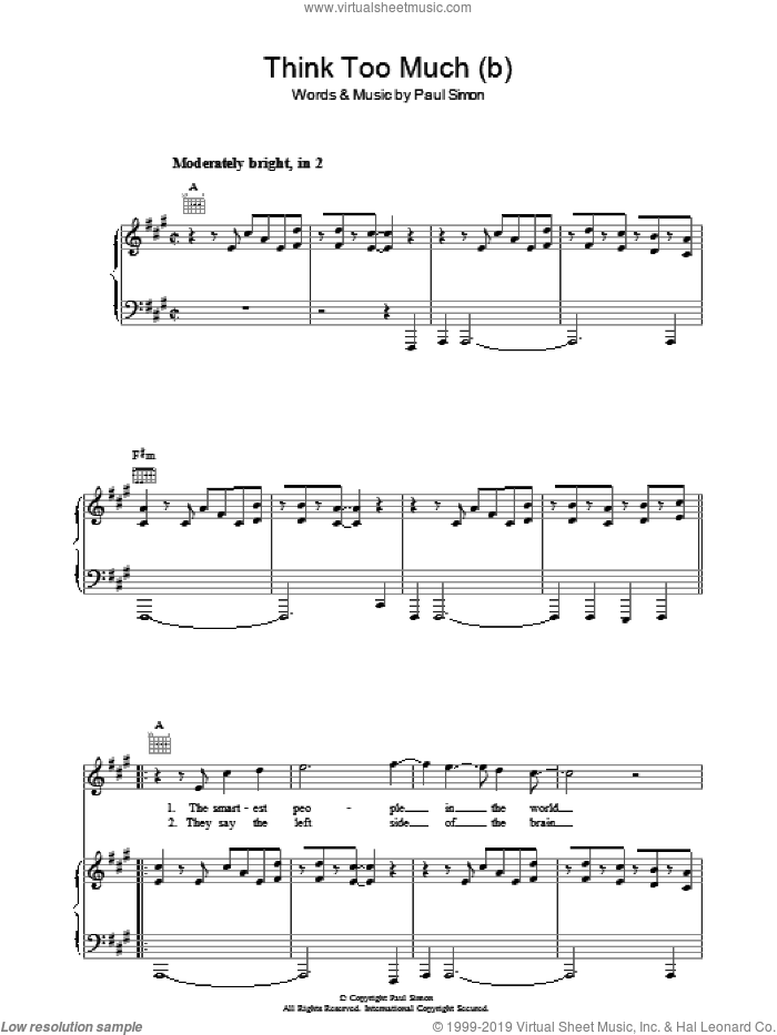 Think Too Much (b) sheet music for voice, piano or guitar by Paul Simon, intermediate skill level