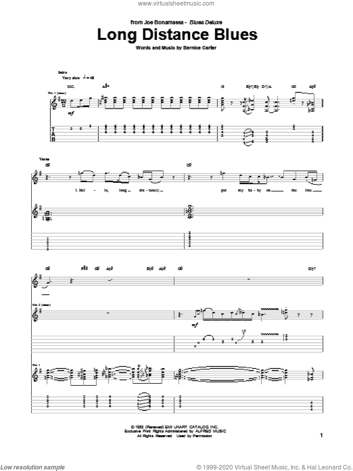 Long Distance Blues sheet music for guitar (tablature) by Joe Bonamassa and Bernice Carter, intermediate skill level