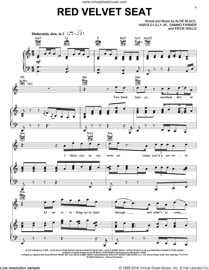 Red Velvet Seat sheet music for voice, piano or guitar by Aloe Blacc, Dammo Farmer, Erick Walls and Harold Lilly, Jr., intermediate skill level