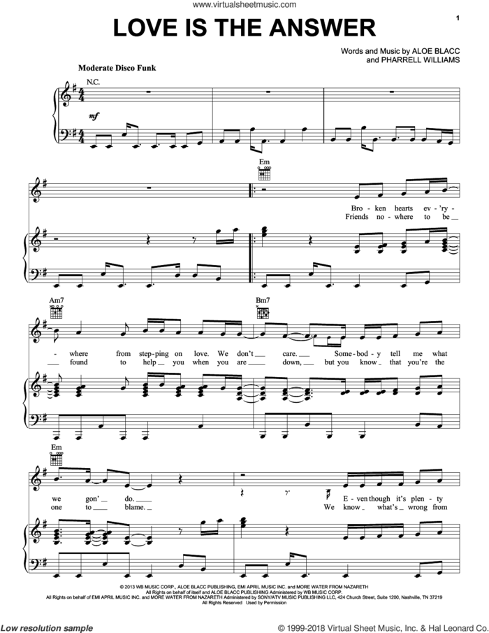 Love Is The Answer sheet music for voice, piano or guitar by Aloe Blacc and Pharrell Williams, intermediate skill level