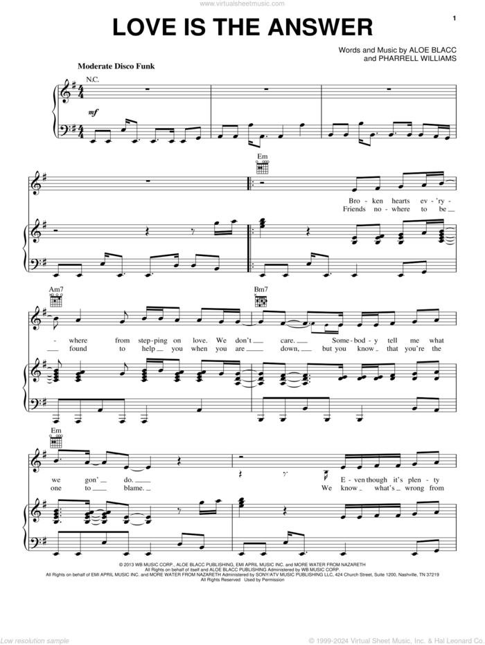 Love Is The Answer sheet music for voice, piano or guitar by Aloe Blacc and Pharrell Williams, intermediate skill level