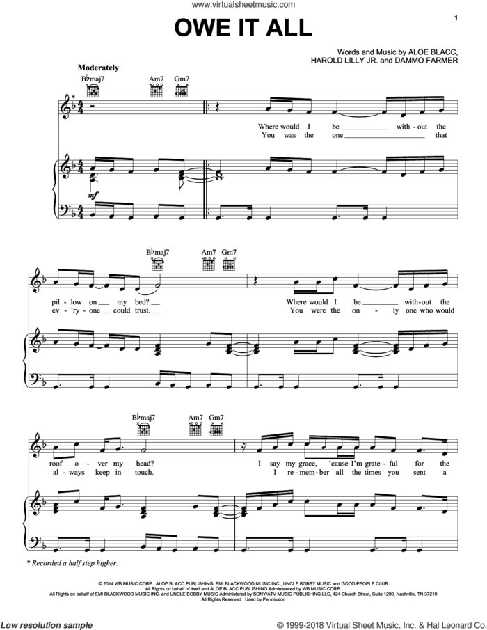 Owe It All sheet music for voice, piano or guitar by Aloe Blacc, Dammo Farmer and Harold Lilly, Jr., intermediate skill level
