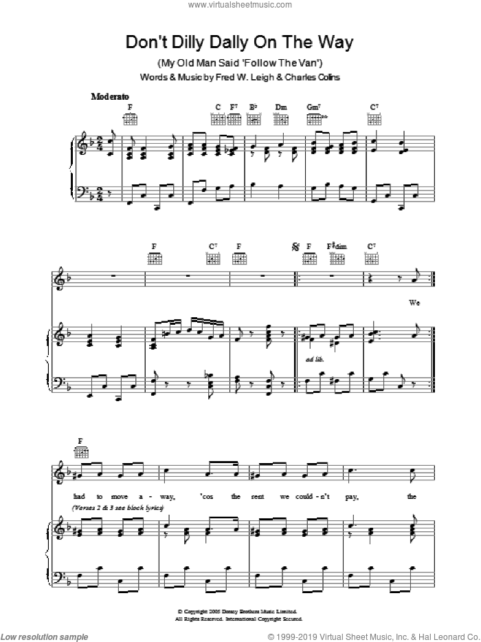 Don't Dilly Dally On The Way sheet music for voice, piano or guitar by Charles Collins and Fred W. Leigh, intermediate skill level