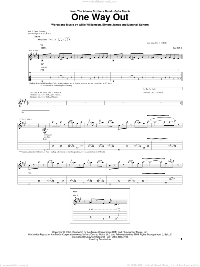 One Way Out sheet music for guitar (tablature) by Allman Brothers Band, Elmore James, Marshall Sehorn and Willie Williamson, intermediate skill level