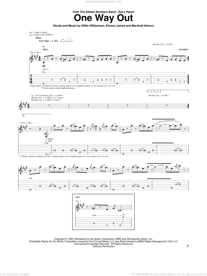 One Way Out sheet music for guitar (tablature) by Allman Brothers Band, Elmore James, Marshall Sehorn and Willie Williamson, intermediate skill level