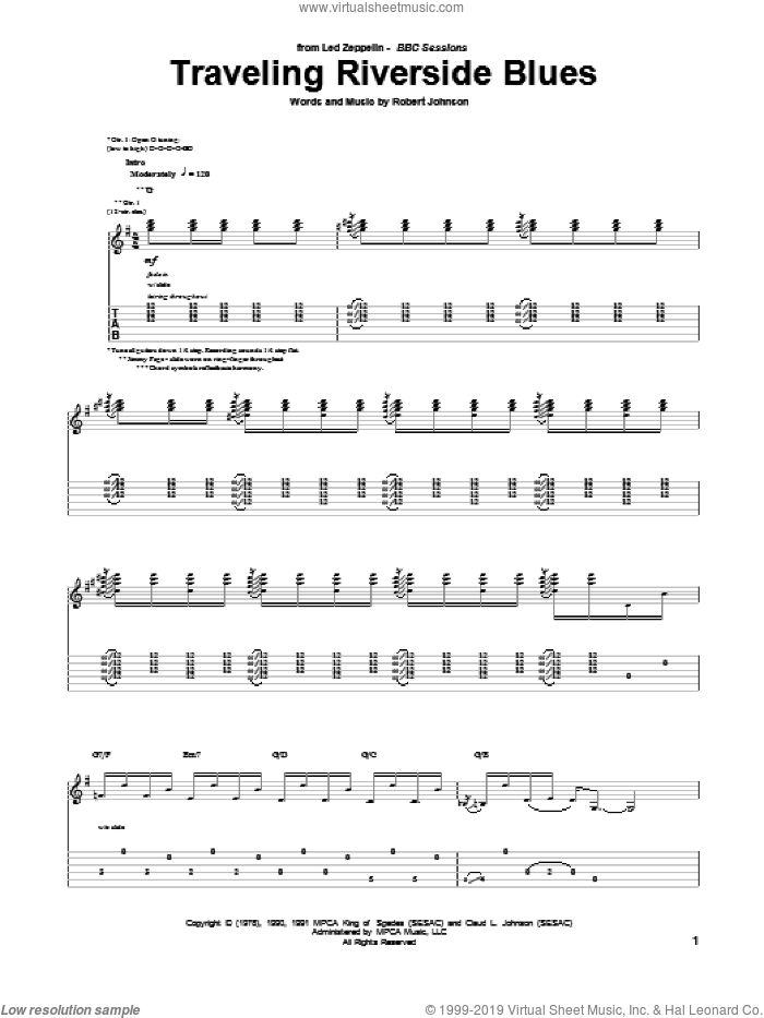 Traveling Riverside Blues sheet music for guitar (tablature) by Led Zeppelin and Robert Johnson, intermediate skill level