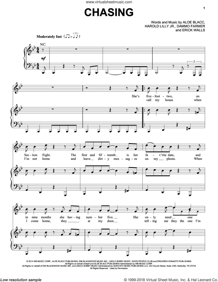 Chasing sheet music for voice, piano or guitar by Aloe Blacc, Dammo Farmer, Erick Walls and Harold Lilly, Jr., intermediate skill level