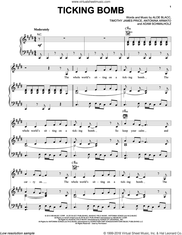 Ticking Bomb sheet music for voice, piano or guitar by Aloe Blacc, Adam Schmalholz, Antonina Armato and Timothy James Price, intermediate skill level