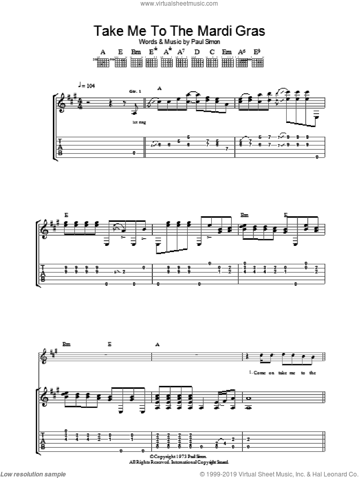 Take Me To The Mardi Gras sheet music for guitar (tablature) by Stereophonics and Paul Simon, intermediate skill level