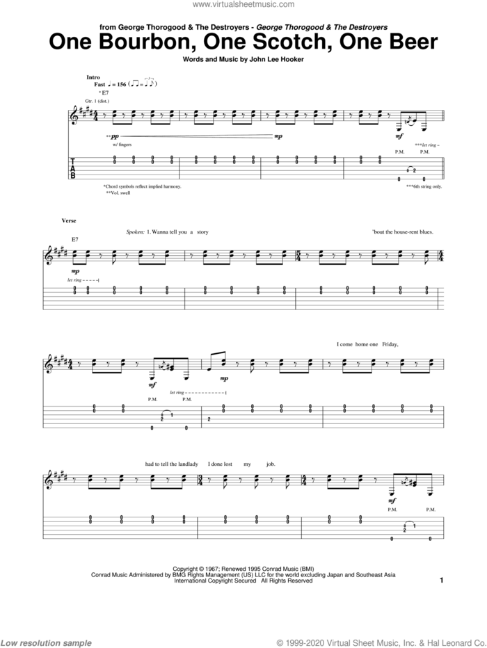 One Bourbon, One Scotch, One Beer sheet music for guitar (tablature) by George Thorogood & The Destroyers and John Lee Hooker, intermediate skill level