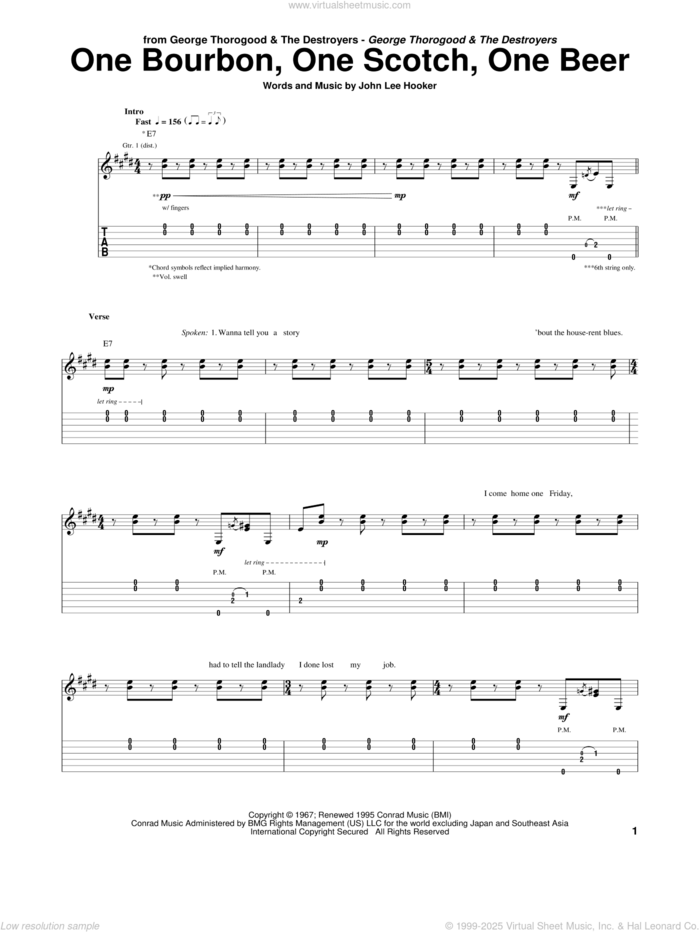 One Bourbon, One Scotch, One Beer sheet music for guitar (tablature) by George Thorogood & The Destroyers and John Lee Hooker, intermediate skill level