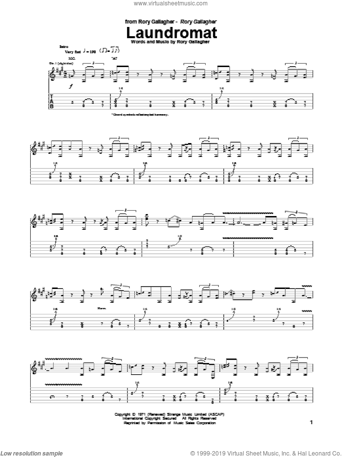 Laundromat sheet music for guitar (tablature) by Rory Gallagher, intermediate skill level