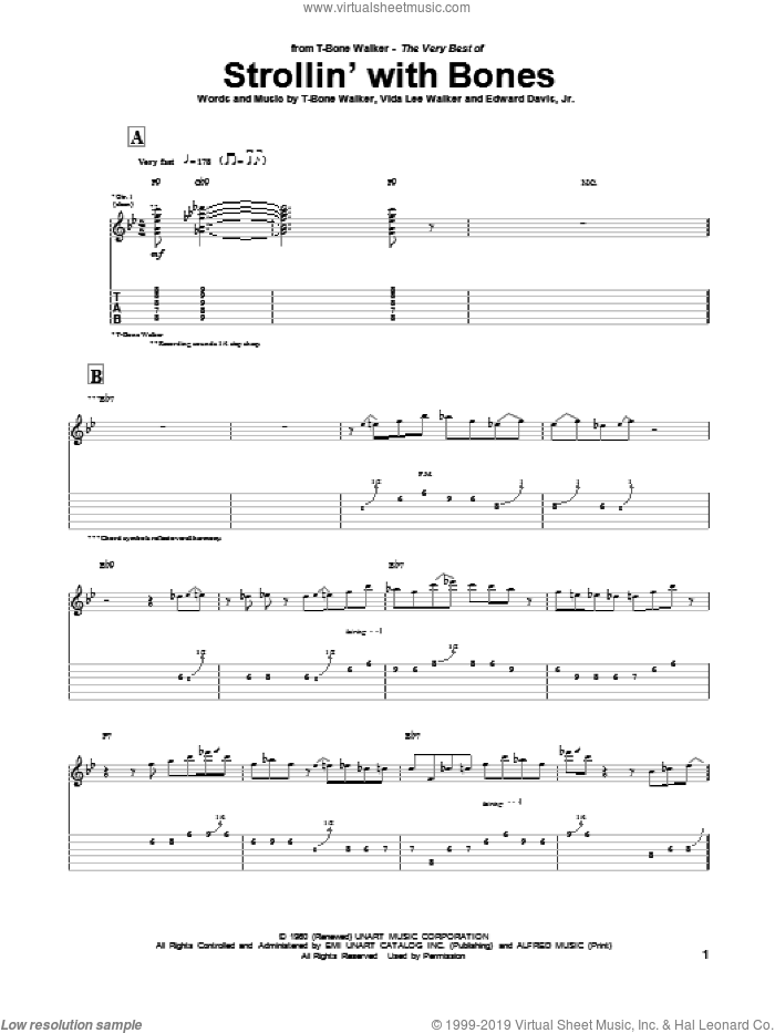 Strollin' With Bones sheet music for guitar (tablature) by Aaron 'T-Bone' Walker, Edward Davis, Jr. and Vida Lee Walker, intermediate skill level