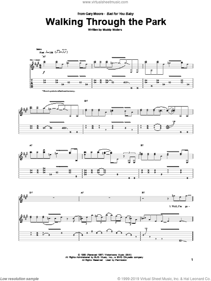 Walking Through The Park sheet music for guitar (tablature) by Gary Moore and Muddy Waters, intermediate skill level