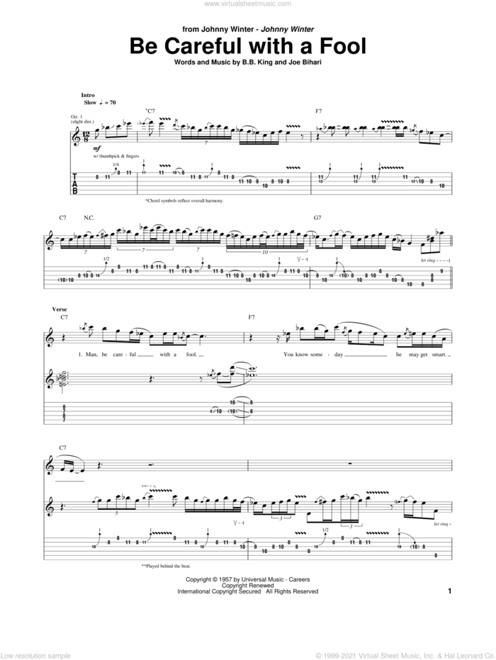 Be Careful With A Fool sheet music for guitar (tablature) by Johnny Winter, B.B. King and Joe Bihari, intermediate skill level