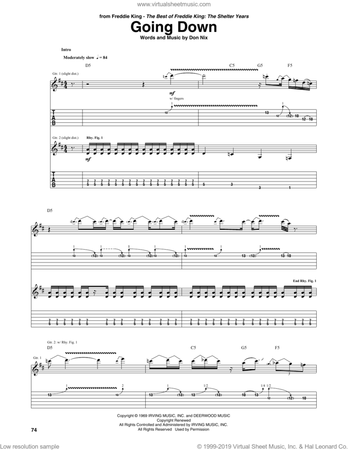 Going Down sheet music for guitar (tablature) by Freddie King, Miscellaneous and Don Nix, intermediate skill level