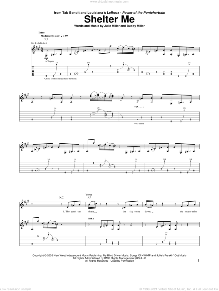 Shelter Me sheet music for guitar (tablature) by Tab Benoit, Buddy Miller and Julie Miller, intermediate skill level