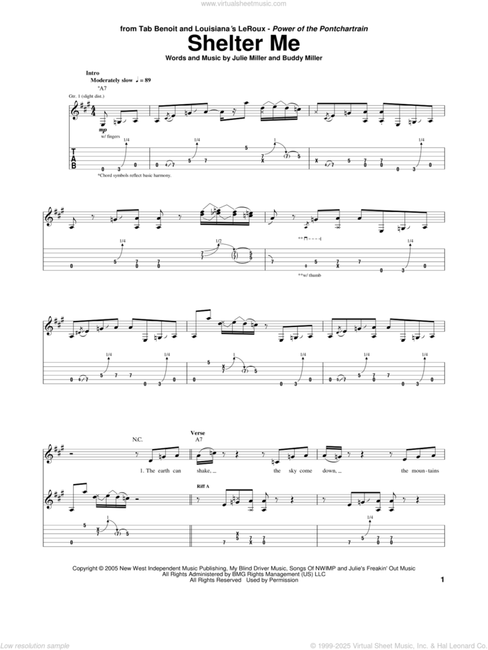 Shelter Me sheet music for guitar (tablature) by Tab Benoit, Buddy Miller and Julie Miller, intermediate skill level