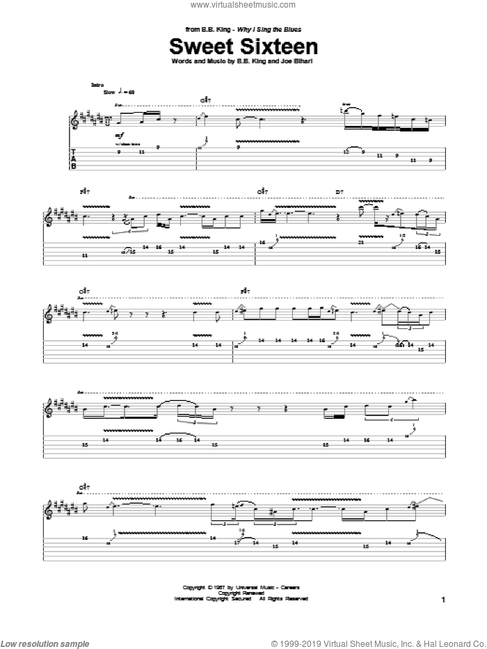 Sweet Sixteen sheet music for guitar (tablature) by B.B. King and Joe Bihari, intermediate skill level