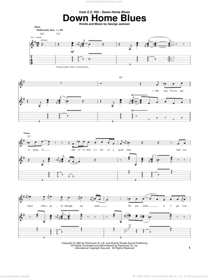 Down Home Blues sheet music for guitar (tablature) by Z.Z. Hill, Miscellaneous and George Jackson, intermediate skill level