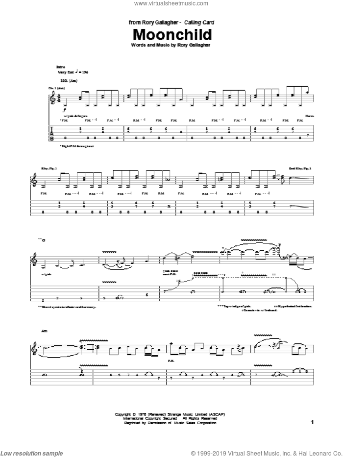 Moonchild sheet music for guitar (tablature) by Rory Gallagher, intermediate skill level