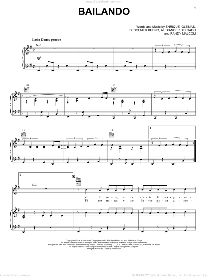 Bailando sheet music for voice, piano or guitar by Enrique Iglesias Featuring Descemer Bueno and Gente de Zona, Alexander Delgado, Descemer Bueno, Enrique Iglesias and Randy Malcom Martinez, intermediate skill level