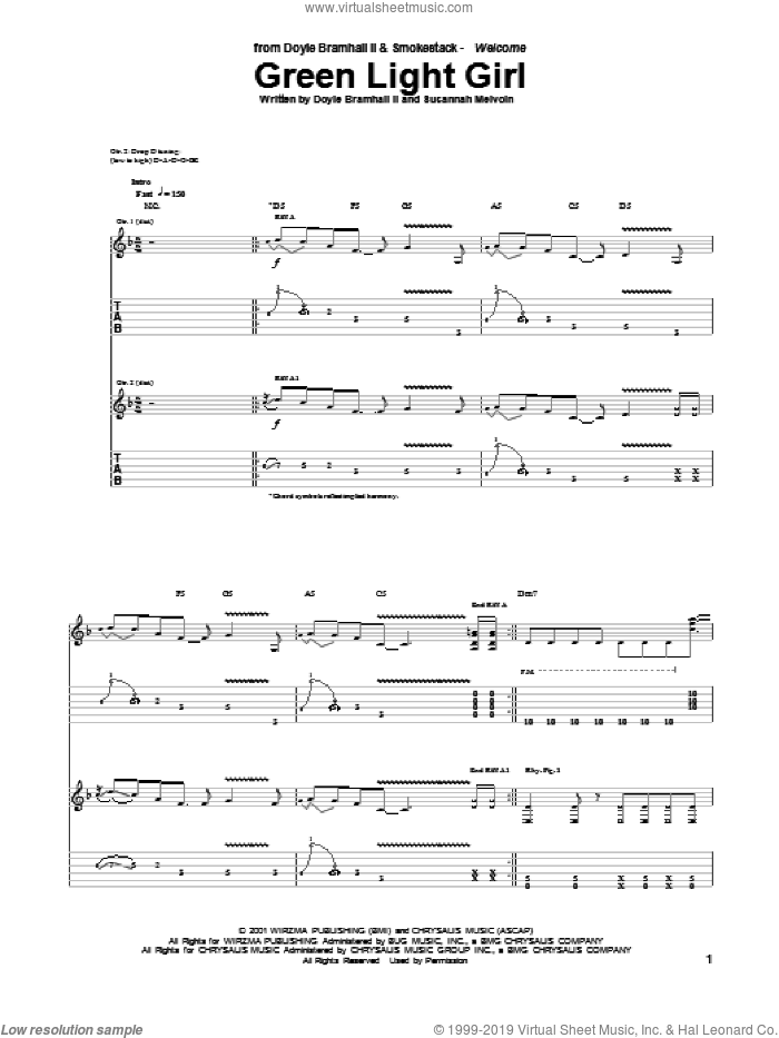 Green Light Girl sheet music for guitar (tablature) by Doyle Bramhall and Susannah Melvoin, intermediate skill level