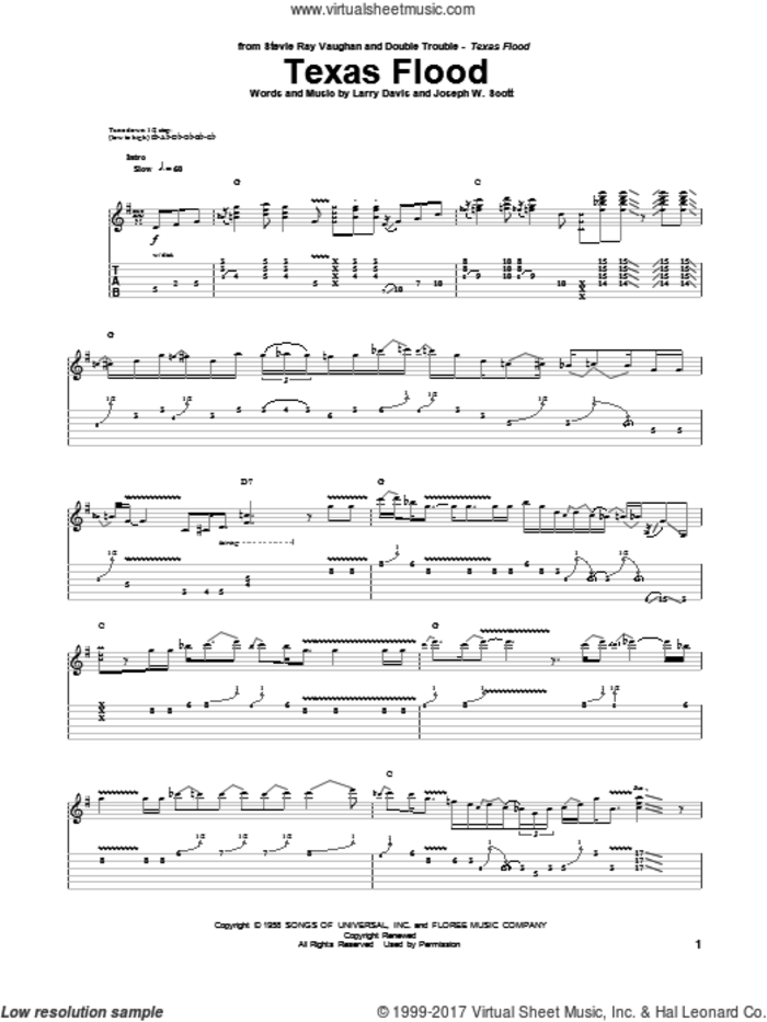 Texas Flood sheet music for guitar (tablature) by Stevie Ray Vaughan, Josey Scott and Larry Davis, intermediate skill level