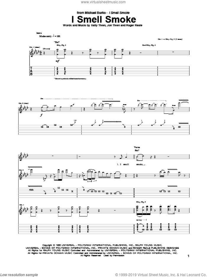I Smell Smoke sheet music for guitar (tablature) by Michael Burks, Jon Tiven, Roger Reale and Sally Tiven, intermediate skill level
