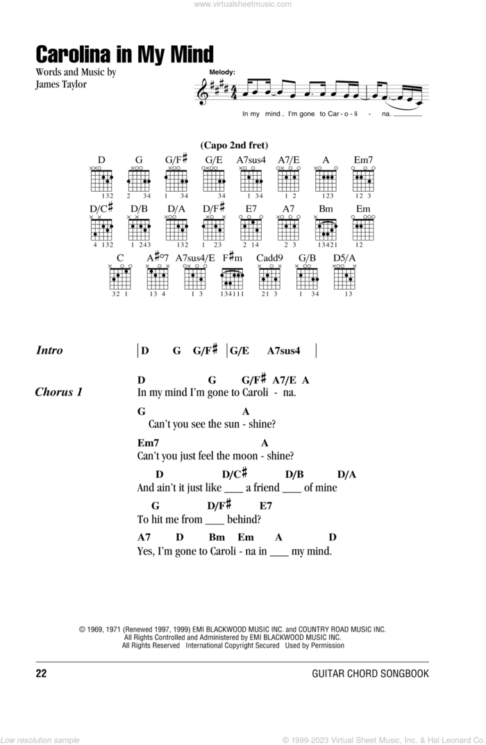 Carolina In My Mind sheet music for guitar (chords) by James Taylor and Crystal Mansion, intermediate skill level