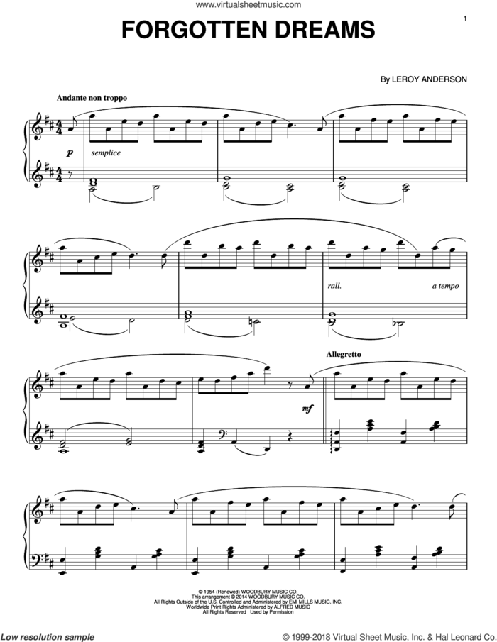 Forgotten Dreams sheet music for piano solo by LeRoy Anderson, intermediate skill level