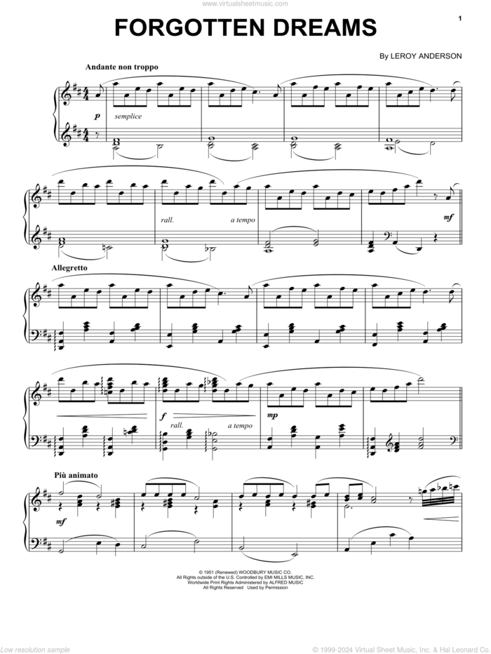 Forgotten Dreams sheet music for piano solo by LeRoy Anderson, intermediate skill level