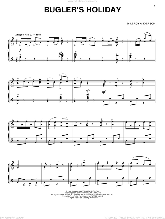 Bugler's Holiday sheet music for piano solo by LeRoy Anderson, intermediate skill level