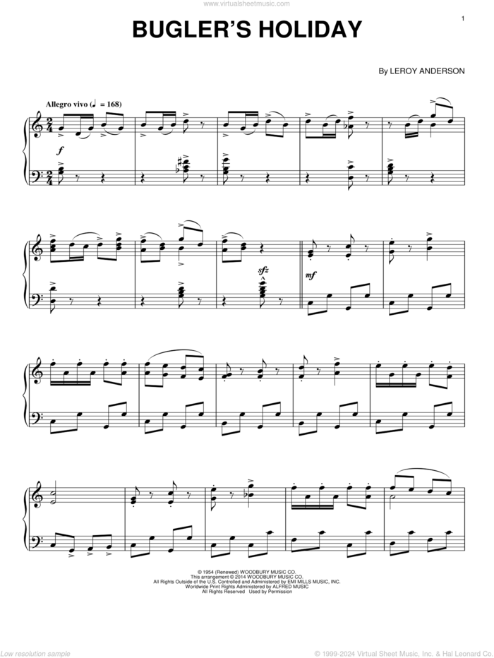 Bugler's Holiday sheet music for piano solo by LeRoy Anderson, intermediate skill level