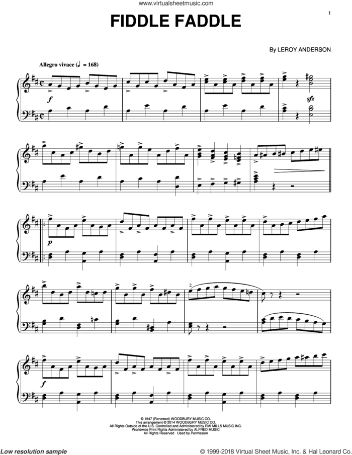 Fiddle Faddle sheet music for piano solo by LeRoy Anderson, intermediate skill level