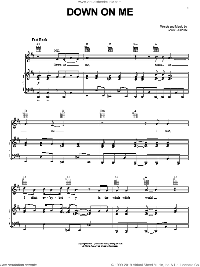Down On Me (from the musical A Night With Janis Joplin) sheet music for voice, piano or guitar by Janis Joplin, intermediate skill level