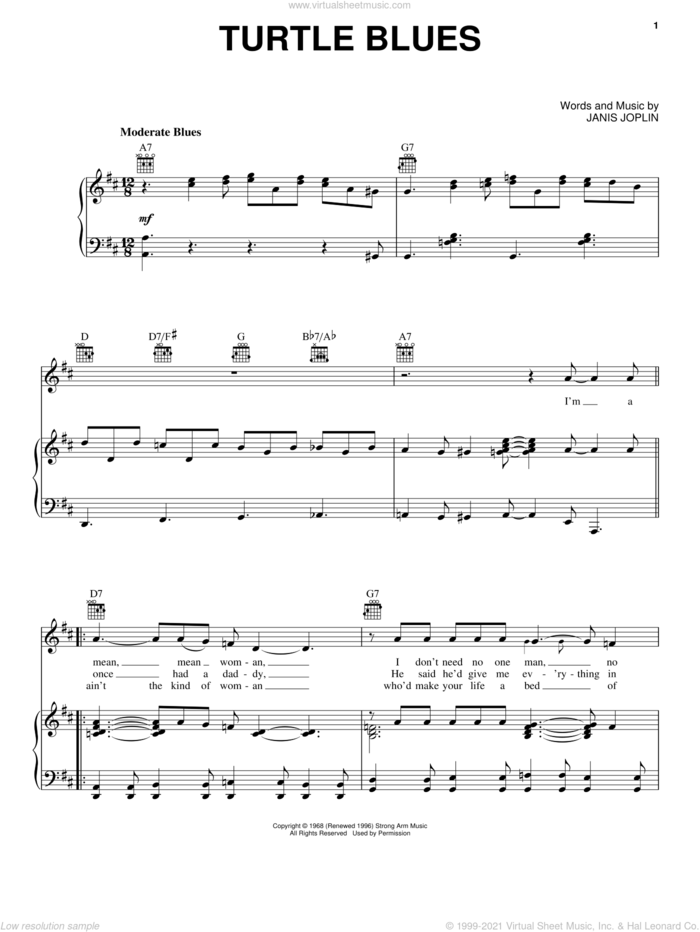 Turtle Blues (from the musical A Night With Janis Joplin) sheet music for voice, piano or guitar by Janis Joplin and Mary Bridget Davies, intermediate skill level