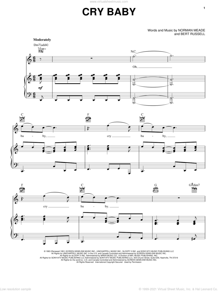 Cry Baby (from the musical A Night With Janis Joplin) sheet music for voice, piano or guitar by Janis Joplin, Garnet Mimms & The Enchanters, Mary Bridget Davies, Bert Russell and Norman Meade, intermediate skill level
